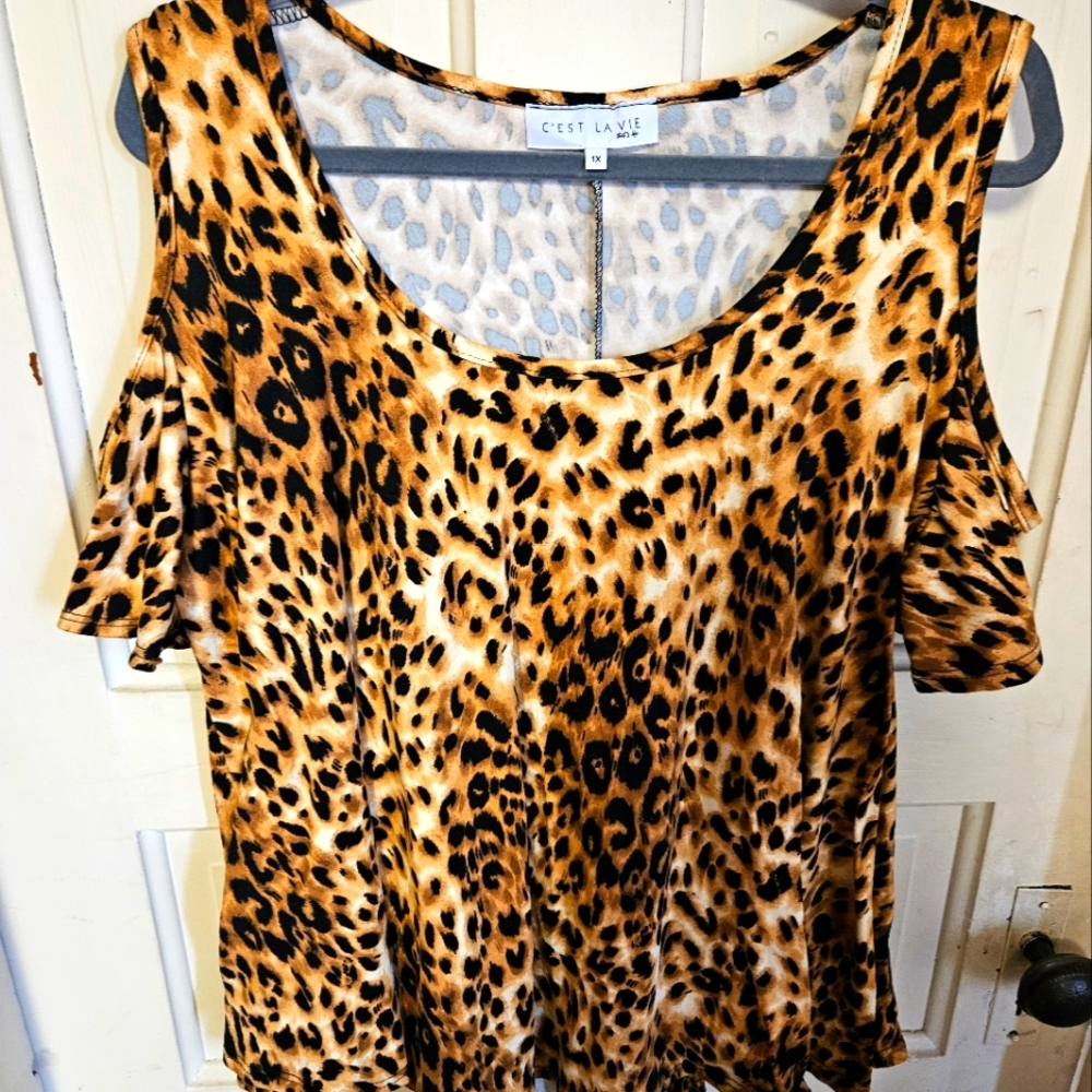 Cold shoulder animal print top